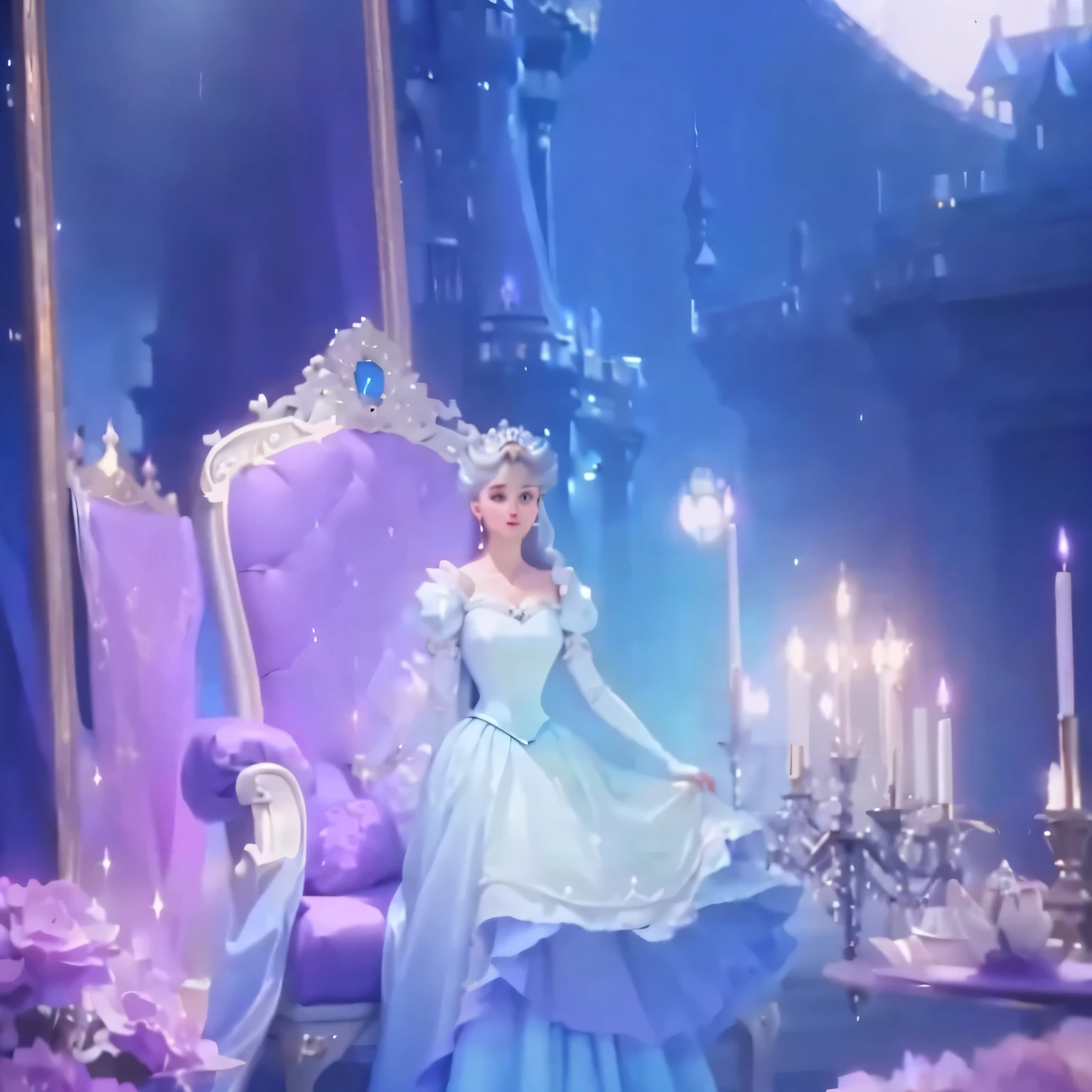 A woman in a skirt stands on a purple chair, Very magical and dreamy, Cinderella, Disney animation style, Beautiful fairy tale, Movie screenshots, Princess at the royal banquet, Fantasy Aesthetics!, Music video screenshot, sailor moon aesthetic, screenshot, Disney Concept Art, Realistic Disney, magical atmosphere + masterpiece