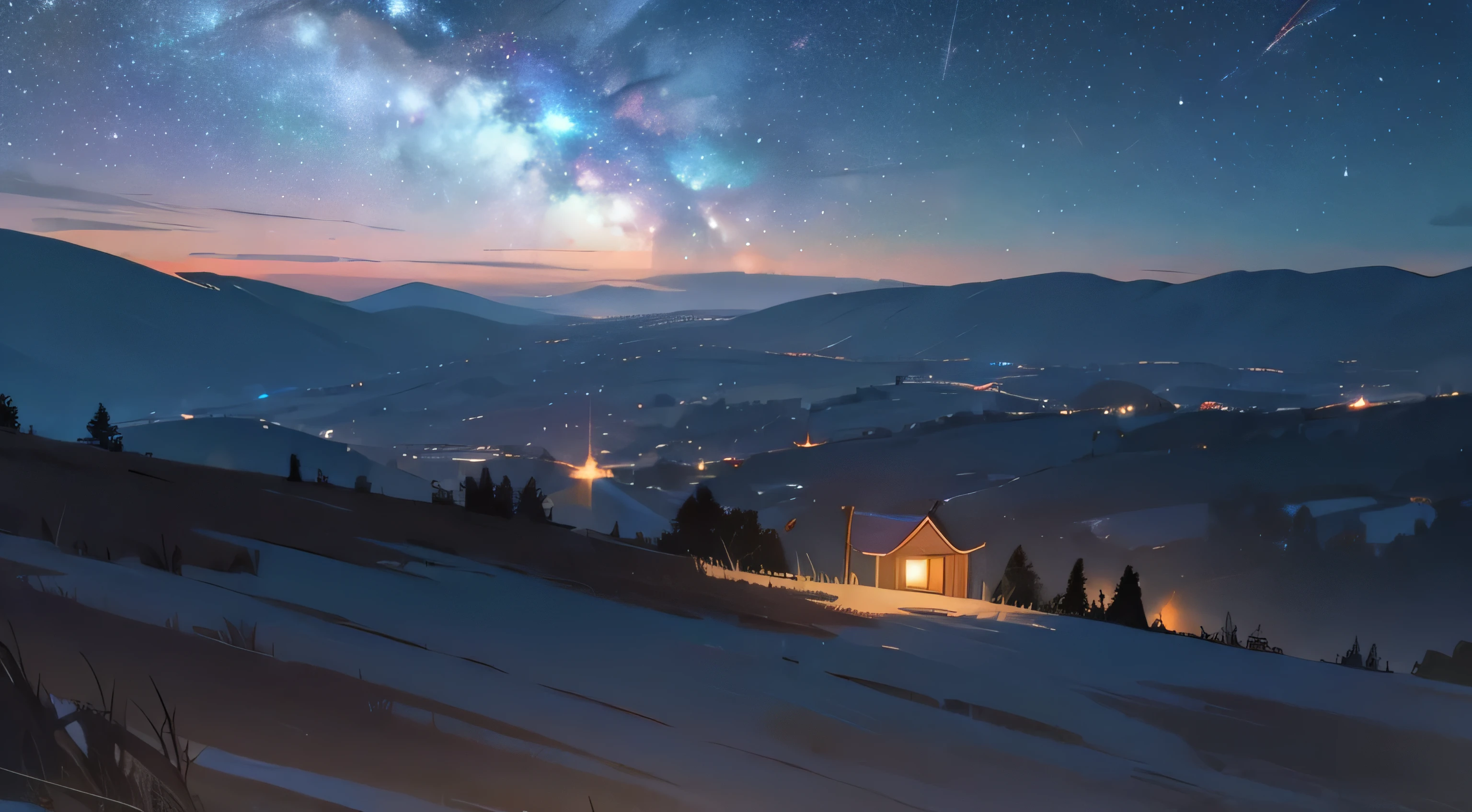 A starry sky　top of the hill　No buildings　