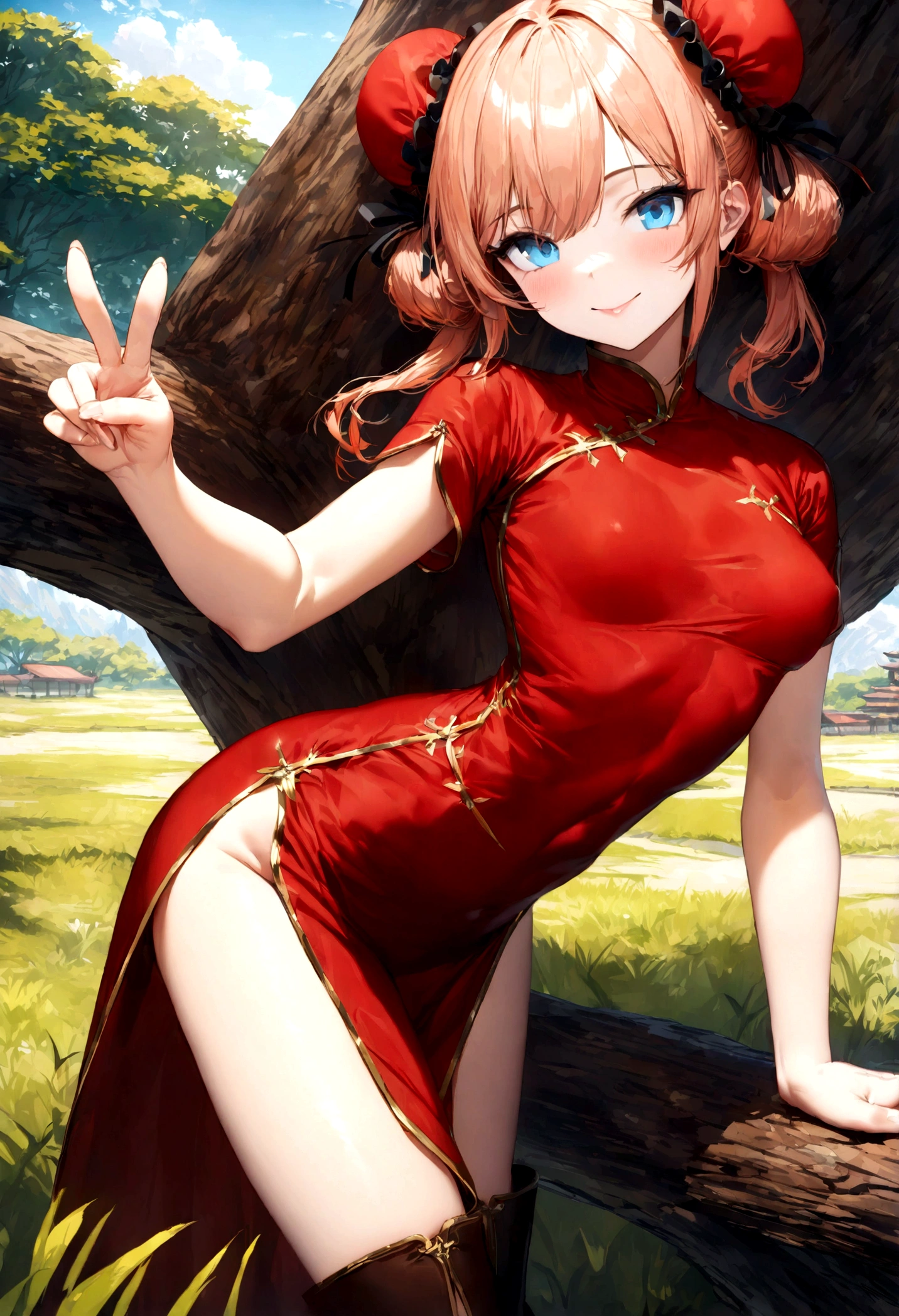 Gintama, Kagura, Orange hair, red dress, double bun, bun cover, china dress, chinese clothes, knee boots, short sleeves, small breasts, Blue eyes, tree, (in_tree), all_fours, on branch, v,, (masterpiece:1.3), (best_quality:1.3), (ultra_detailed:1.3), 8k, extremely_clear,, 1girl, solo, wide_shot,, outdoors,, insane details, intricate details, hyperdetailed, ultra detailed, extreme detailed, highest detailed, high_detail, colorful, beautiful, hdr, photorealistic, highres, ultra_high_res, photography, aesthetic, extremely_delicate,, seductive_smile,