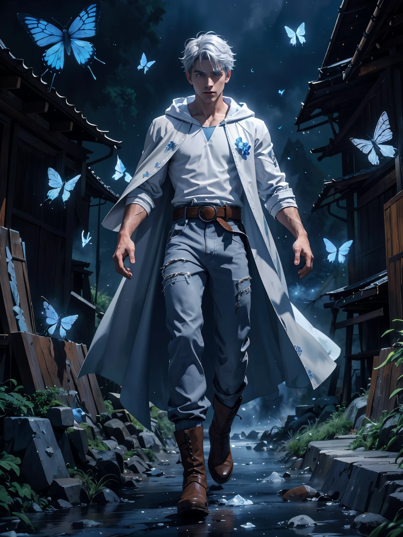 Design 1wizard man conjuring butterflies. Young man with ice hooded cape.Light gray hair Gray eyes Wearing a white shirt Wearing blue pants Wearing a brown belt Wearing short brown boots Wearing blue gloves on your hands. epic.cinematografico