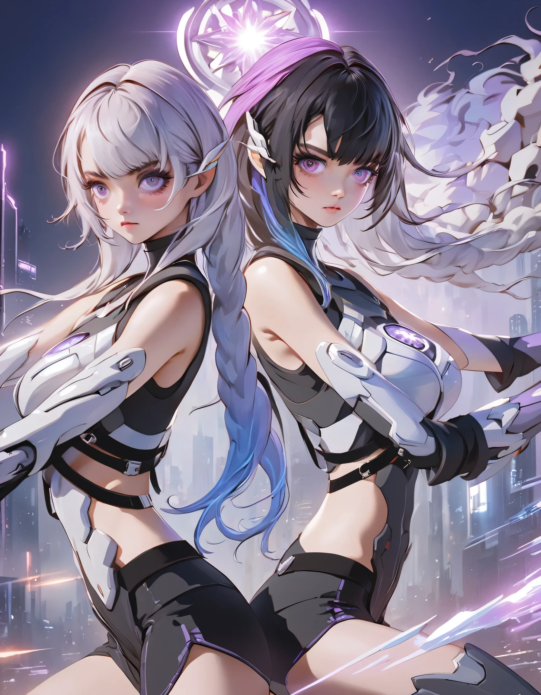 （2 girls）, Back to Back，(Very detailed CG unified 16k wallpaper:1.1), (Denoising Strength: 1.45), cryptic_g，Beautiful and delicate eyes, Mecha coverage, Dark purple with white hair, Fluorescent violet, rose red eyes, The background is a beautifully detailed cyberpunk city, Colorful hair, Beautiful and delicate light, （Girl next to her with short black hair），Black and Mecha，Poker face, Cold expression, crazy, Sporty, Very detailed, Lots of details, HD semi-realistic anime CG concept art digital, illustration, Glowing lights, (masterpiece:1.37), masterpiece, best quality，poster