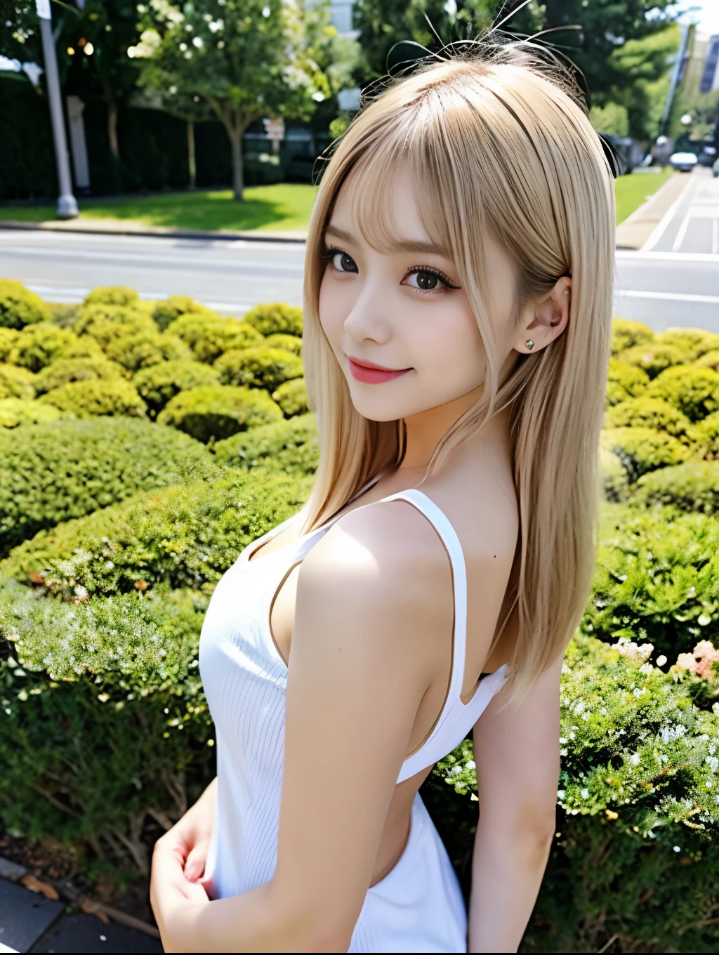 ( Masterpiece, highest quality), 98k, ((Perfect Anatomy:1.3)),Beautiful Japanese Women, Succubus,alone, 18-year-old, Small face,Cute face:1.2,Smiling, Larger breasts, ,Beautifully detailed round eyes, Evenly spaced eyes 1.2, Long platinum blonde hair,Random Hair, (Highly detailed face and skin texture), Beautiful face in golden proportions,White skin,Accentuate your beautiful legs,Cheerleader in white mini dress style,Random sexy poses,  Sunny day,（Standing like a model:1.3）