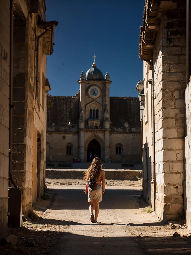 Raw photo, (flaming lion walking outdoor in the dusty square in front of the castle), Image in the center of the composition, in a medieval castle, blurred background, 8K UHD, Low lighting, hiquality, film grain, Fujifilm XT3