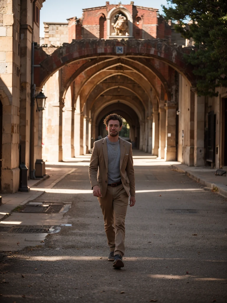 Raw photo, (flaming lion walking outdoor in the dusty square in front of the castle), Image in the center of the composition, in a medieval castle, blurred background, 8K UHD, Low lighting, hiquality, film grain, Fujifilm XT3