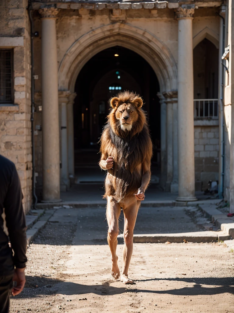 Raw photo, (flaming lion walking outdoor in the dusty square in front of the castle), Image in the center of the composition, in a medieval castle, blurred background, 8K UHD, Low lighting, hiquality, film grain, Fujifilm XT3