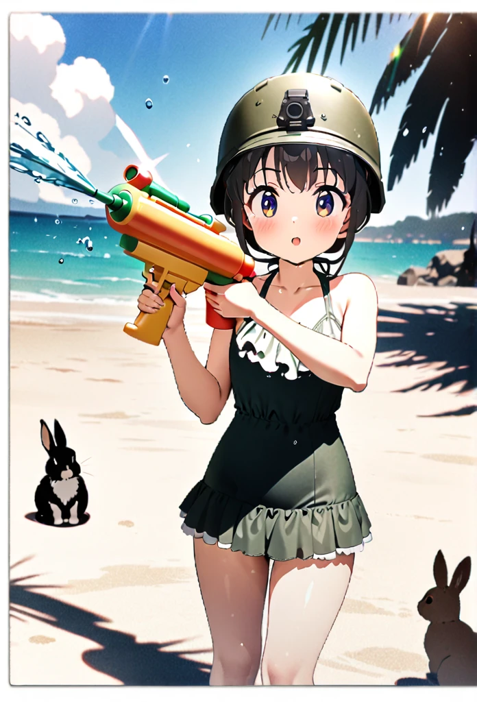 High quality, high definition, high precision images,8k Full HD.1 girl,army Modern soldier,Put on a Current use helmet, Cute swimsuit with olive frills、(with a water gun It looks like he is spraying water towards the camera.)Anime style cute face,beach background,one rabbit
