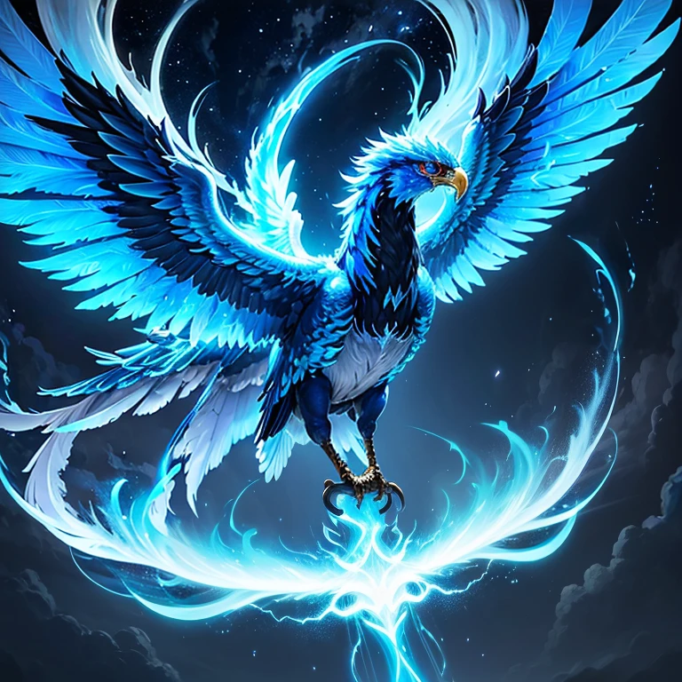 1 large translucent electric energy phoenix bird,(azul), ojos brillando en electricidad, en un cielo tormentoso oscuro con muchos rayos, Hermoso, obra maestra, mejor calidad, perfect lighting