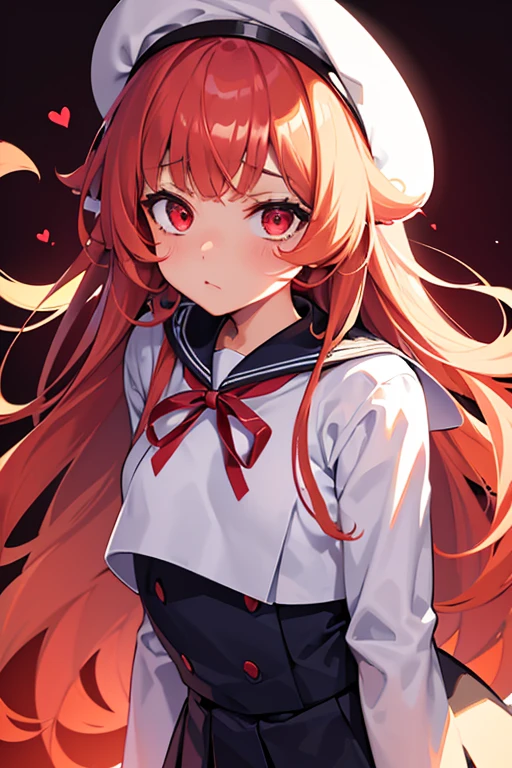 Girl, sailor uniform, brown fluffy curly twirly hair, light skin, glowing red eyes, holding and licking bloody knife, glaring, blank expression, narrow eyes
