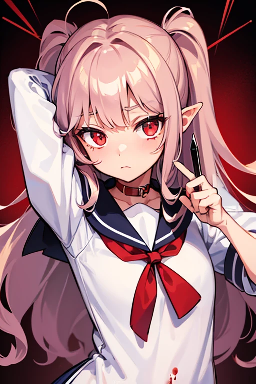 Girl, sailor uniform, brown fluffy curly twirly hair, light skin, glowing red eyes, holding and licking bloody knife, glaring, blank expression, narrow eyes