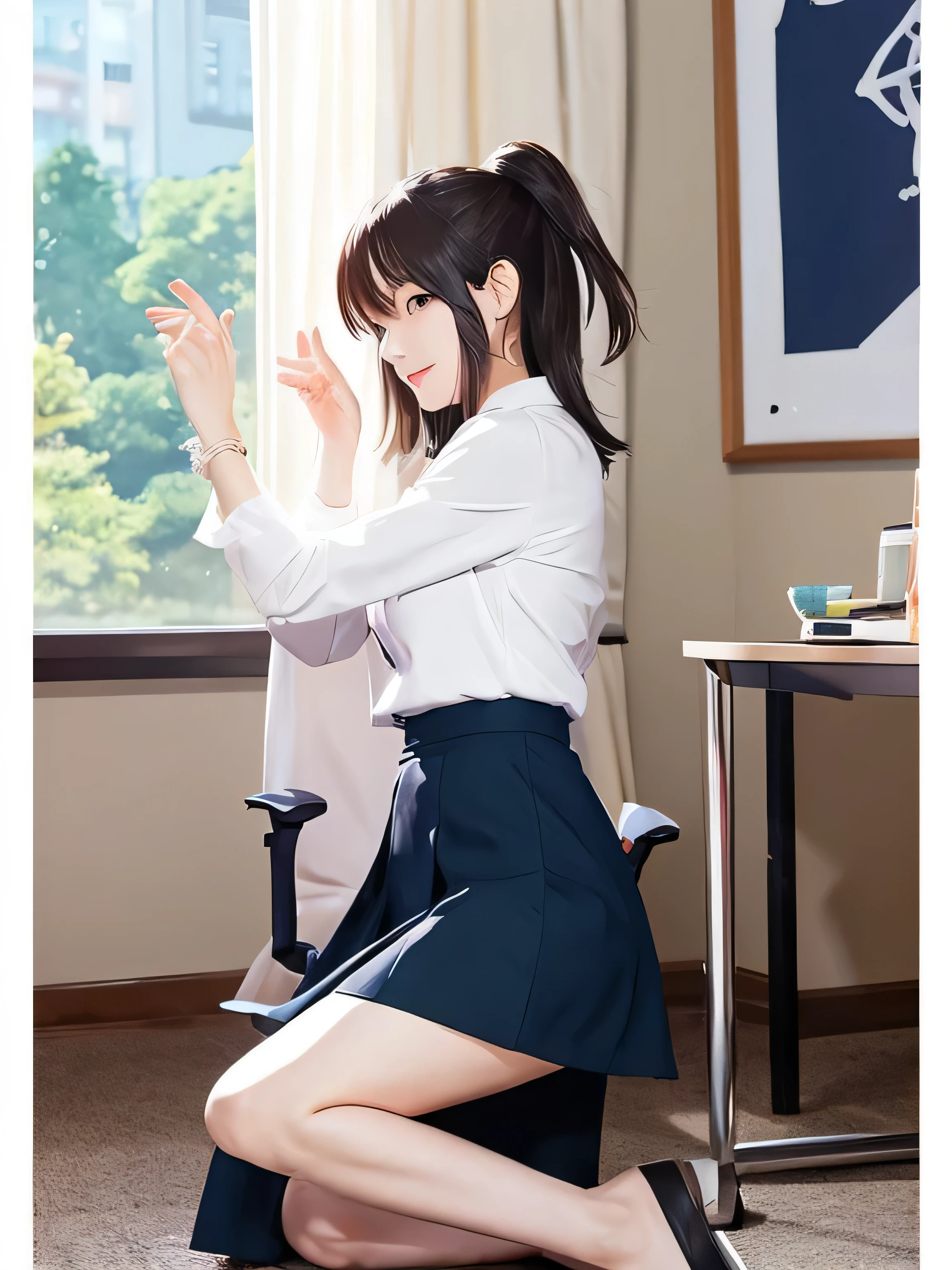 A secondary anime illustration of a middle-aged woman sitting on a chair with one knee raised, with only the lower half of her body captured from the side, Long skirt suit