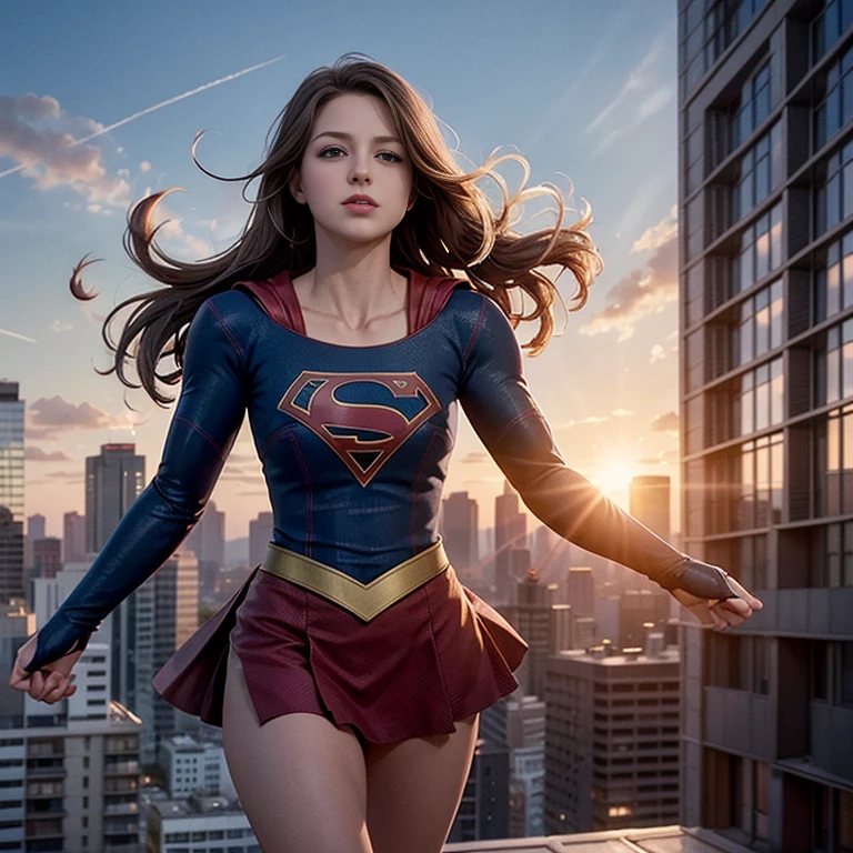 solo, 1girl, m3l1ss, supergirl, brown hair, s0p3r6m3l1s4-smf, blue eyes, blue bodysuit, long sleeves, red cape, realistic, bodysuit, animification, skirt, flying, buildings, sky, clouds, sun light