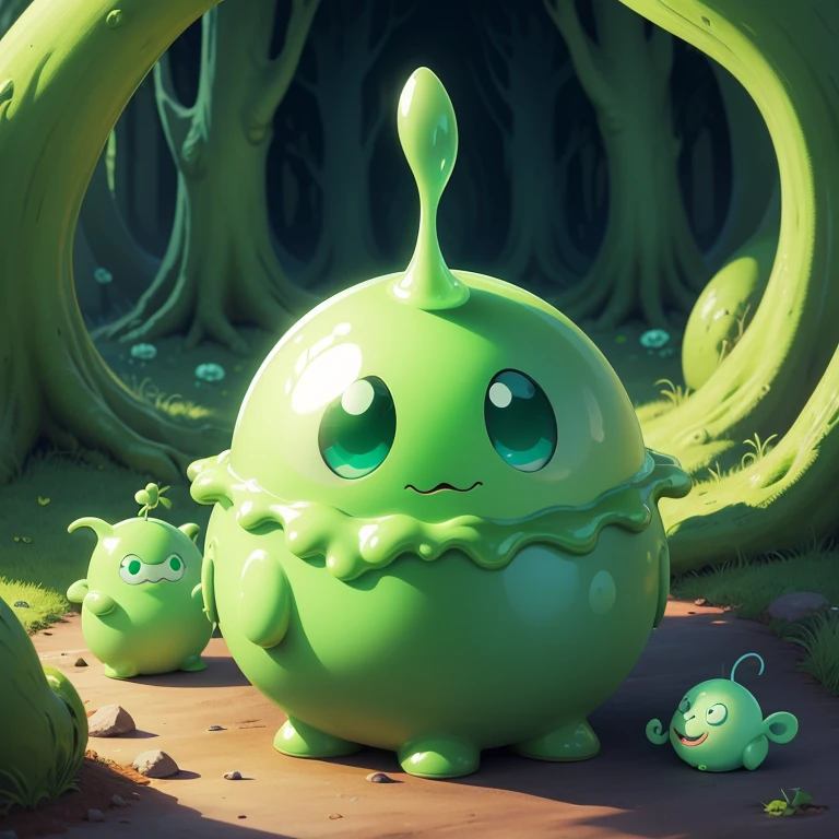 2D cartoon illustration, Disney style 2D illustration, little cute monster Slime, fantasy green Slime, full body, no legs, no arms, cute huge Shining eyes, green elf forest background,