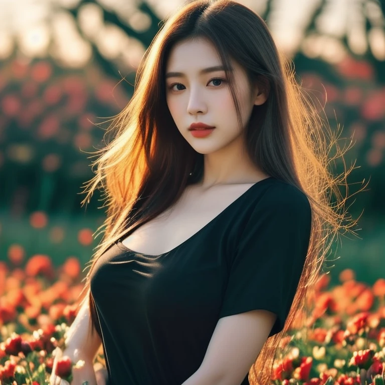 A long-haired woman wearing a black shirt poses in a field of flowers., beautiful south korean woman, beautiful young korean woman, gorgeous young korean woman, Chinese girl, Gorgeous Chinese model, Korean girl, beautiful asian girl, korean woman, Chinese woman, Xindong Chen, By Ni Thian, beautiful pictures, Si Han, Beautiful Asian woman, Jingna Zhang