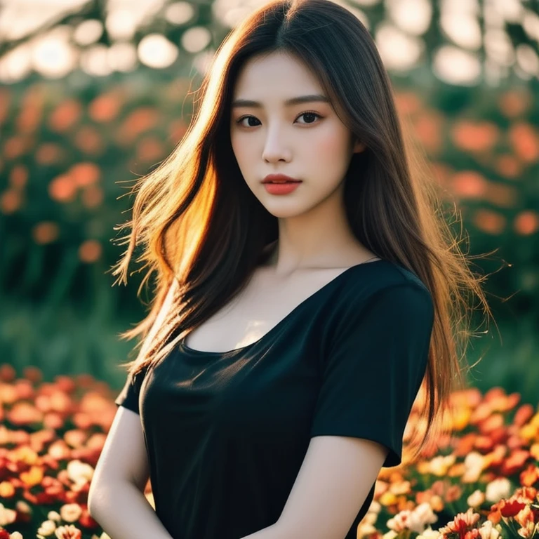 A long-haired woman wearing a black shirt poses in a field of flowers., beautiful south korean woman, beautiful young korean woman, gorgeous young korean woman, Chinese girl, Gorgeous Chinese model, Korean girl, beautiful asian girl, korean woman, Chinese woman, Xindong Chen, By Ni Thian, beautiful pictures, Si Han, Beautiful Asian woman, Jingna Zhang
