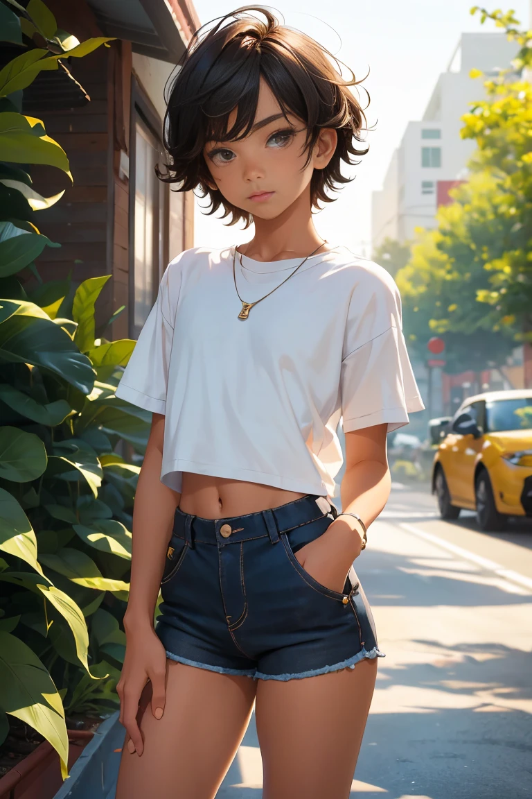 Teen boy 16 years old, beautiful teen boy is wearing a cropped shirt and too very much short mini shorts, the boy's legs are beautiful, tanned, bangs, flirty posing, hot summer, top quality,