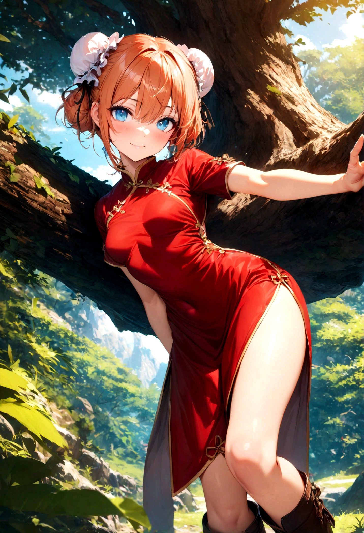 Gintama, Kagura, Orange hair, red dress, double bun, bun cover, china dress, chinese clothes, knee boots, short sleeves, small breasts, Blue eyes, tree, (in_tree), all_fours, on branch, v,, (masterpiece:1.3), (best_quality:1.3), (ultra_detailed:1.3), 8k, extremely_clear,, 1girl, solo, wide_shot,, outdoors,, insane details, intricate details, hyperdetailed, ultra detailed, extreme detailed, highest detailed, high_detail, colorful, beautiful, hdr, photorealistic, highres, ultra_high_res, photography, aesthetic, extremely_delicate,, seductive_smile,