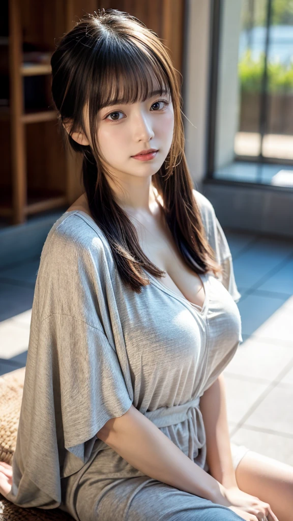 masterpiece, Best Quality, 8K, 20 yo, huge breasts, cuddly, Solo, sad, Cute, Girly, Delicate girl, Neat and clean beauty,  Raw photo, Professional Photography, Portrait, Soft light, Professional Lighting, Back lighting, Upper body, front view, Sophisticated, Film grain, (Eyes and faces with detailed:1.0), ponytail, short length floating hair, beautiful flowing hair, bangs, Lounge Kaftan