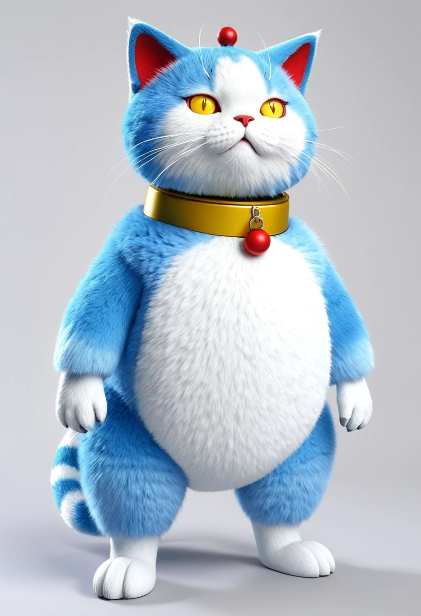 Spherical head and torso、Having short limbs。Just like real cat fur、The body, face and abdomen are two-tone colored.、The body is blue with a white face and abdomen.。A cat-shaped robot with a red nose and tail and a yellow bell around its neck.。anime character