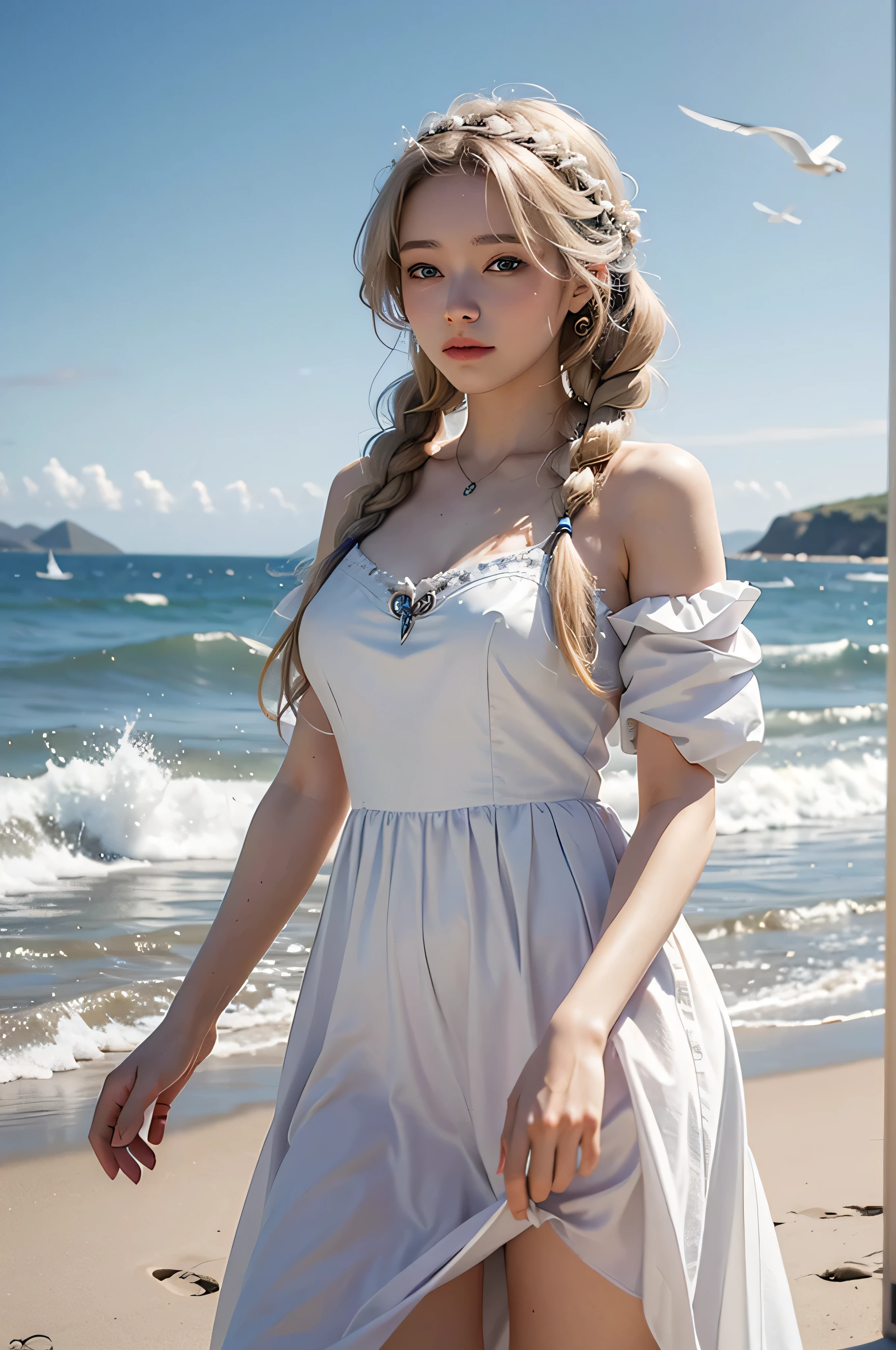 ,((Best quality))),8k,((Masterpiece)),(Extremely refined and beautiful), there is a girl coming out of the sea, a swan princess in Russian mythology, beautiful calm face, blue eyes, long blonde hair braided, the moon braided hair on the back of the head, white old Russian shiny clothes with a Kokoshnik crown on his head, affectionate eyes, half a smile, a gentle expression on his face, seascape and sunlight in the background, seagulls in the sky, full length, realism