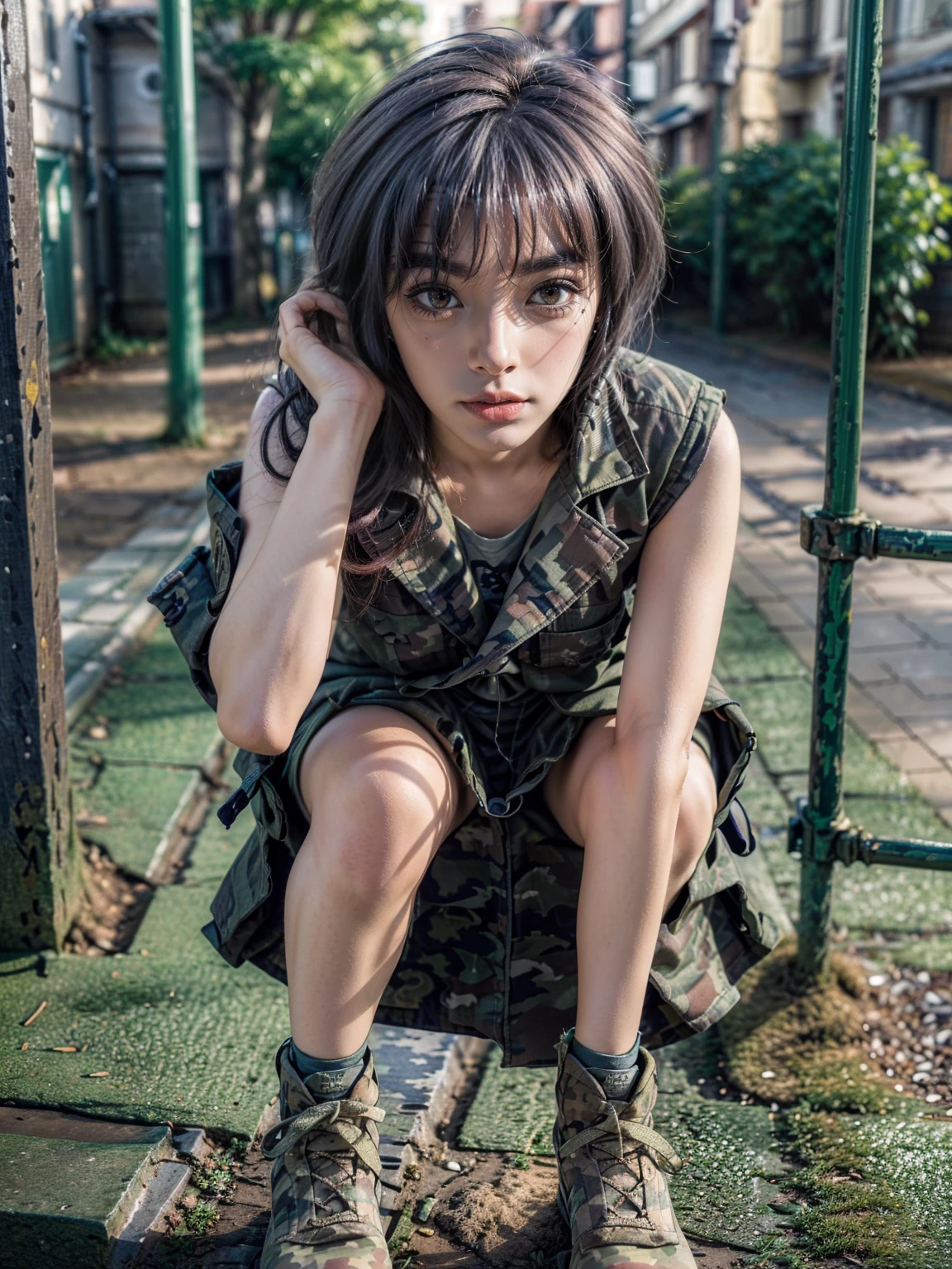 (1 lady), (Best quality at best:1.4), (ultra - detailed), (extremely detailed CG unified 16k), A Beautiful Woman with Perfect Figure: 1.4, Sharp Focus: 1.2, very detailed, High-definition RAW color photo, professional photoshooting, amazing face and eyes, cosmetics, (amazingly beautiful girl), ((yuki)), ((grays woodland camo bdu coat, black combat boots)), standing, sexyposture,(Stylish urban landscape, day light), (look from down), realistic cinematic face, head to feet long wide zoomed out view, full body long view, photorealistic, ((realistic natural grayish purple hair style, yellowish eyes)), gorgeous, extremely beautiful face, perfect model beauty, pout mouth, Highly Detailed Face and Skin Texture, Detailed Eyes, Double Eyelids, Big Breasts, inexpressive face, cleavages, western, (masterpiece), best quality, high resolution, extremely detailed, blurred background, depth of field, cinematic lighting, amazing legs, clear and well-cared skin, (pale skin, white like milk skin)
