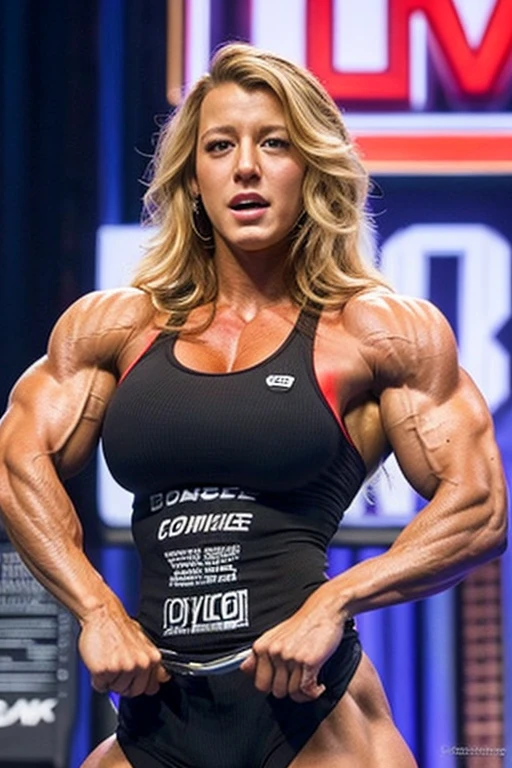 blake lively as a HUGE Ms Olympia female bodybuilder who is ripped and extremely muscular almost manly on anabolic steroids with HUGE tits and huge pumped up muscles, biceps, and veins