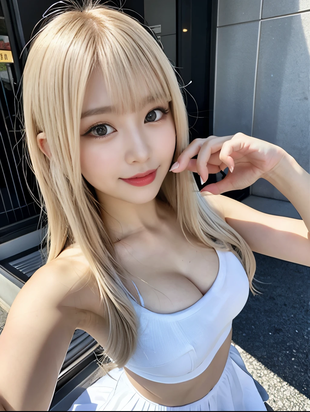 ( Masterpiece, highest quality), 98k, ((Perfect Anatomy:1.3)),Beautiful Japanese Women, Succubus,alone, 18-year-old, Small face,Cute face:1.2,Smiling, Larger breasts, ,Beautifully detailed round eyes, Evenly spaced eyes 1.2, Long platinum blonde hair,Random Hair, (Highly detailed face and skin texture), Beautiful face in golden proportions,White skin,Accentuate your beautiful legs,Cheerleader in white mini dress style,Random sexy poses, Sunny day,(Standing like a model:1.3)