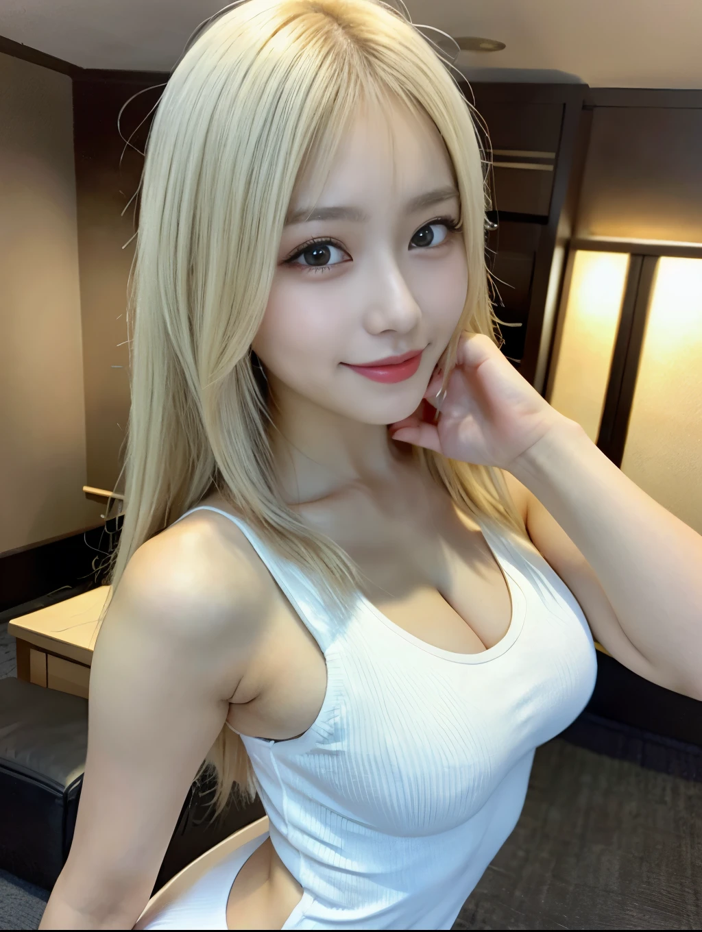 ( Masterpiece, highest quality), 98k, ((Perfect Anatomy:1.3)),Beautiful Japanese Women, Succubus,alone, 18-year-old, Small face,Cute face:1.2,Smiling, Larger breasts, ,Beautifully detailed round eyes, Evenly spaced eyes 1.2, Long platinum blonde hair,Random Hair, (Highly detailed face and skin texture), Beautiful face in golden proportions,White skin,Accentuate your beautiful legs,Cheerleader in white mini dress style,Random sexy poses,  Sunny day,（Standing like a model:1.3）