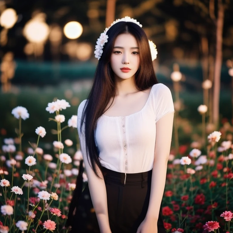 A long-haired woman wearing a black shirt poses in a field of flowers., beautiful south korean woman, beautiful young korean woman, gorgeous young korean woman, Chinese girl, Gorgeous Chinese model, Korean girl, beautiful asian girl, korean woman, Chinese woman, Xindong Chen, By Ni Thian, beautiful pictures, Si Han, Beautiful Asian woman, Jingna Zhang