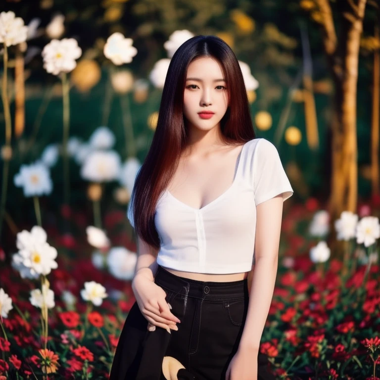 A long-haired woman wearing a black shirt poses in a field of flowers., beautiful south korean woman, beautiful young korean woman, gorgeous young korean woman, Chinese girl, Gorgeous Chinese model, Korean girl, beautiful asian girl, korean woman, Chinese woman, Xindong Chen, By Ni Thian, beautiful pictures, Si Han, Beautiful Asian woman, Jingna Zhang