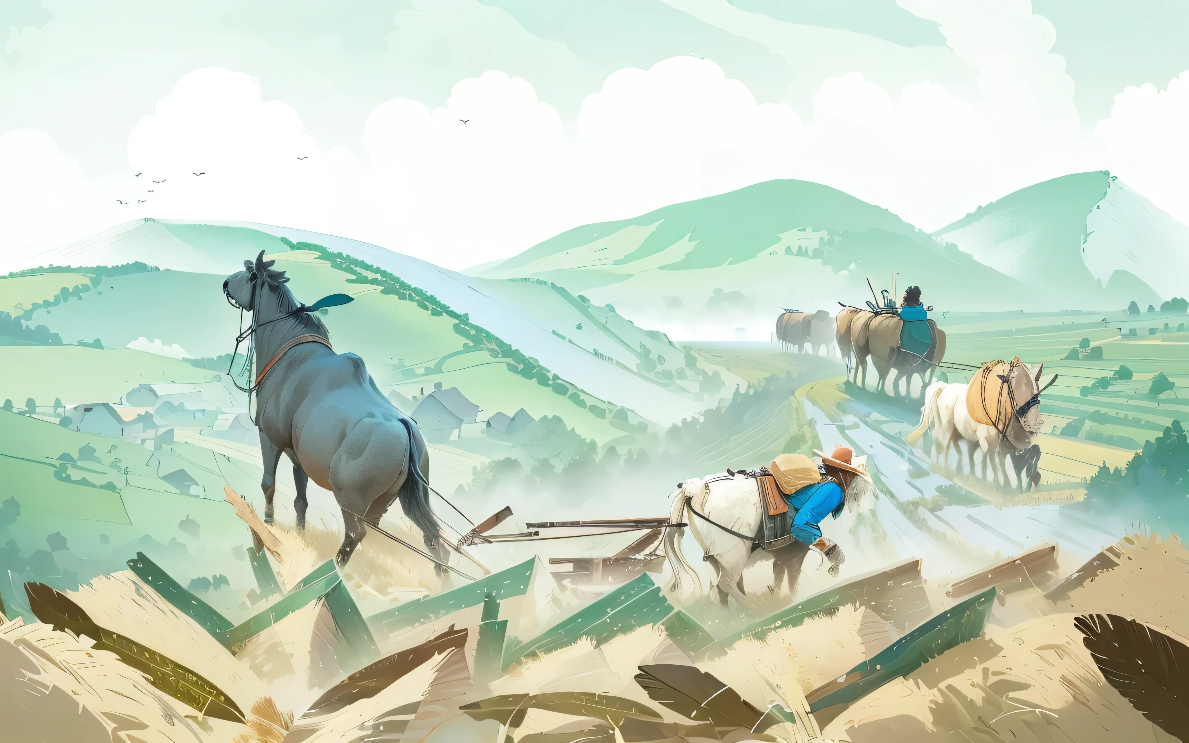 illustration of a group of people on the rice field with a buffalo racking the plow, plowing the field , villagers busy farming, an illustration, farming, editorial illustration, full color illustration, a beautiful artwork illustration, colored illustration, by Jang Seung-eop, farmer, concept piece, illustration!, concept illustration, painterly illustration, official illustration, stylized digital illustration