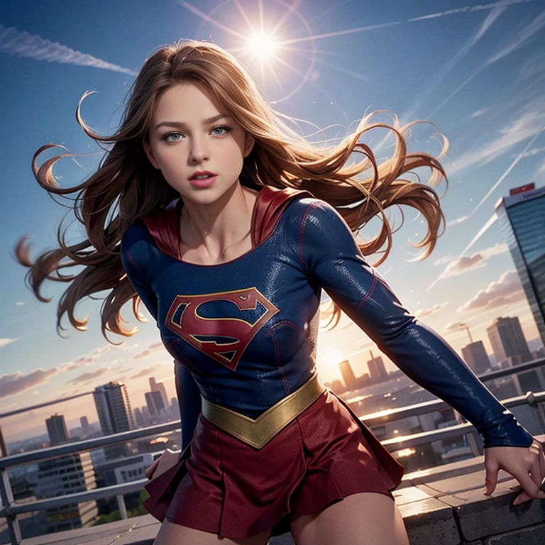 solo, 1girl, m3l1ss, supergirl, brown hair, s0p3r6m3l1s4-smf, blue eyes, blue bodysuit, long sleeves, red cape, realistic, bodysuit, animification, skirt, flying, buildings, sky, clouds, sun light