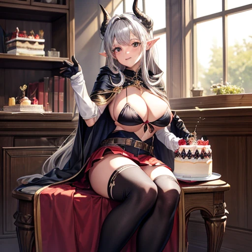 masterpiece, highest quality,, GBF, Black gloves, Black knee socks, Cape, draft, Grey Hair, horn, Big Breasts, Long Hair, Pointed Ears, mini skirt, Red Skirt,, indoor, cake, Happy, bikini