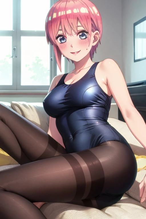 best quality, masterpiece, high quality, insanely detailed, ichika nakano, one-piece swimsuit, breasts, pantyhose, blush, smile, in the living room, leg spread