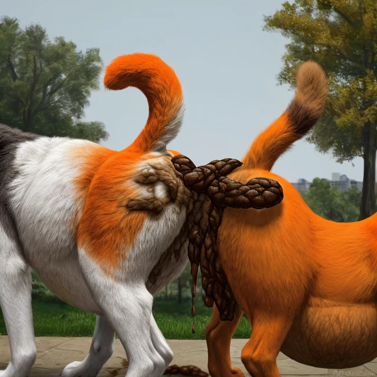 (duo:1.2), ((((husky dog, orange cat, feral)))), standing on all fours, public park, masterpiece, high quality, realistic, detailed background, ((((butt shot)))), ((((inflation, excessive scat, scat transfer, ass to ass))))