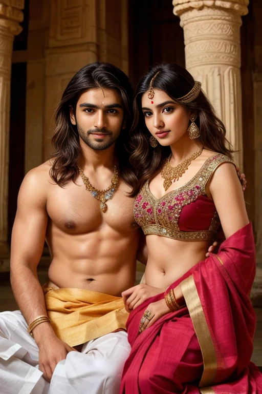 Beautiful princess in indian red gold plated lahenga, necklace, jewelry, hair accessories sitting on the lap of an ancient indian handsome king in Dhoti and bare upper body, ancient indian male jewelry and neck length hair with ancient indian male hair accessories