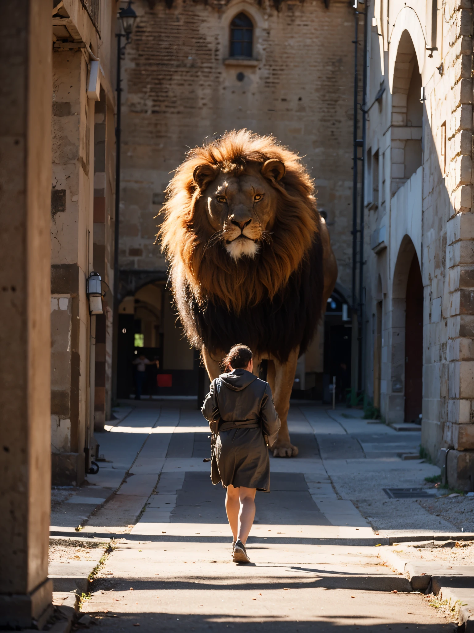 Raw photo, (flaming lion walking outdoor in the dusty square in front of the castle), Image in the center of the composition, in a medieval castle, blurred background, 8K UHD, Low lighting, hiquality, film grain, Fujifilm XT3