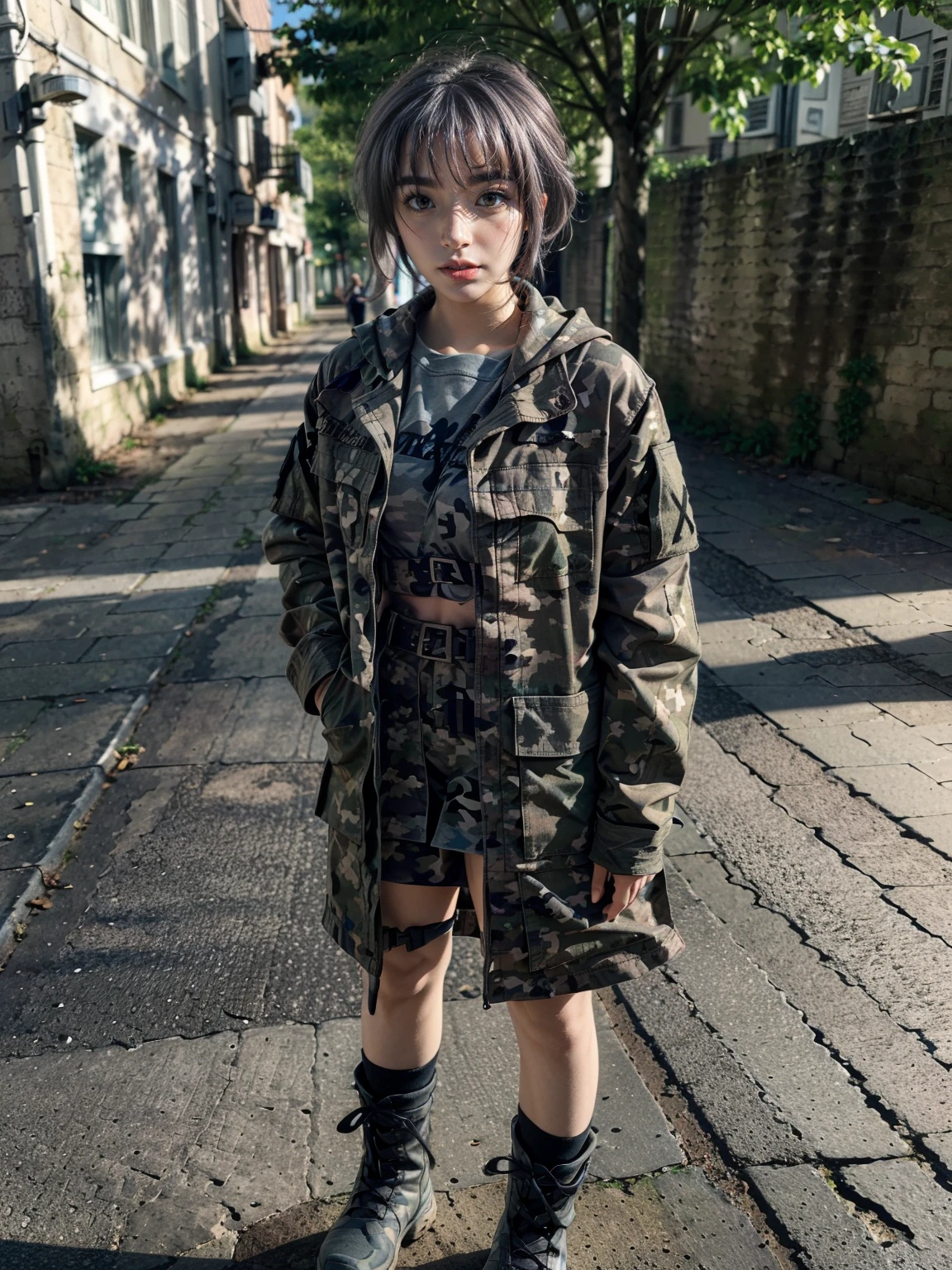 (1 lady), (Best quality at best:1.4), (ultra - detailed), (extremely detailed CG unified 16k), A Beautiful Woman with Perfect Figure: 1.4, Sharp Focus: 1.2, very detailed, High-definition RAW color photo, professional photoshooting, amazing face and eyes, cosmetics, (amazingly beautiful girl), ((yuki)), ((grays camo bdu coat, gray black and white camo colors uniform, black combat boots)), standing, sexyposture，(Stylish urban landscape, day light), (look from down), realistic cinematic face, head to feet long wide zoomed out view, full body long view, photorealistic, ((realistic natural grayish purple hair style, yellowish eyes)), gorgeous, extremely beautiful face, perfect model beauty, pout mouth, Highly Detailed Face and Skin Texture, Detailed Eyes, Double Eyelids, Big Breasts, inexpressive face, cleavages, western, (masterpiece), best quality, high resolution, extremely detailed, blurred background, depth of field, cinematic lighting, amazing legs, clear and well-cared skin, (pale skin, white like milk skin)
