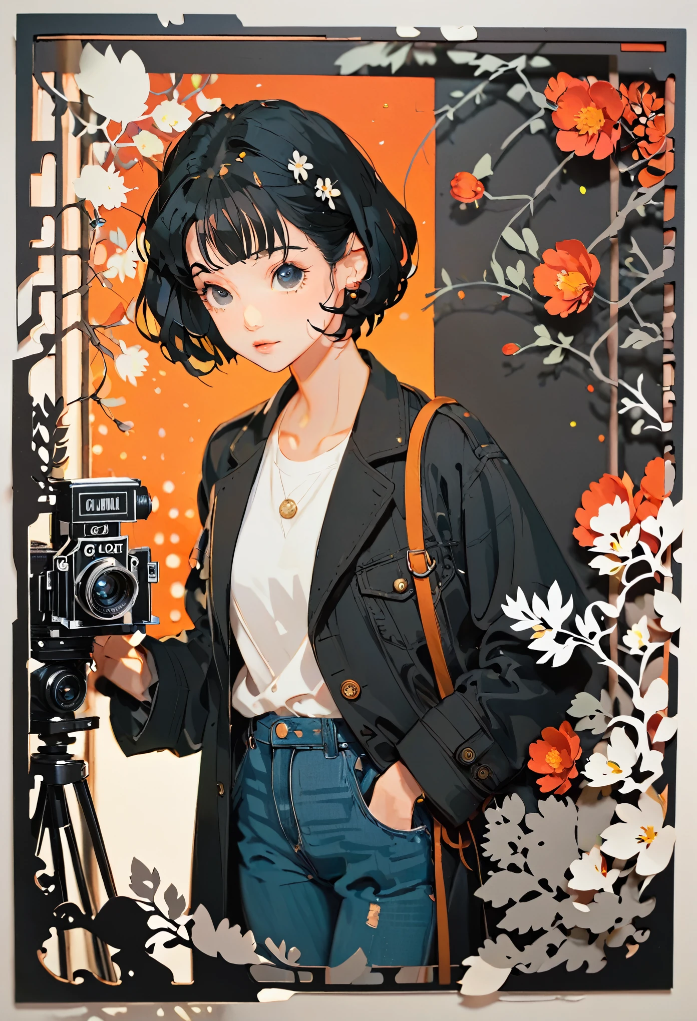 (((paper cutting style))), 1 girl, long black short hair, coat, shirts and denim, portfolio, cinema, film, camera