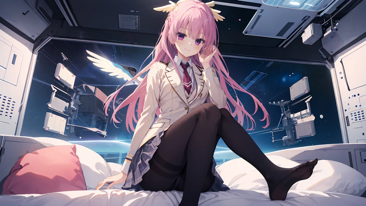 A girl,solo,Pink long hair,happy,Smile,Medium long hair,Dissemination,kikka academy uniform, pantyhose, highres, absurdres,Inside the spacecraft,on the bed,Glass Windows,Space background, Anime style 4k,mitsukasa ayase、Character-centered