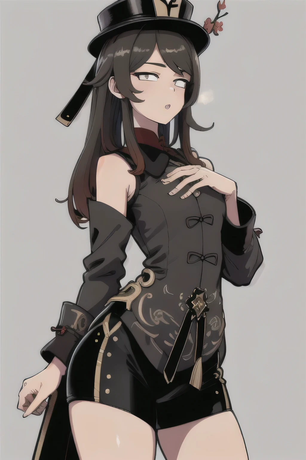 (Best quality, masterpiece:1.4), absurdity, Ultra-detailed computer graphics, 8K, high detail, Beautiful face, detailed face, 1 Girl, One, hutaodef, flat chest, toned, shiny skin, head tilt, standing still, ((Gray background)), blossom, Light particles, Depth of field, cowboy shot, Right on,