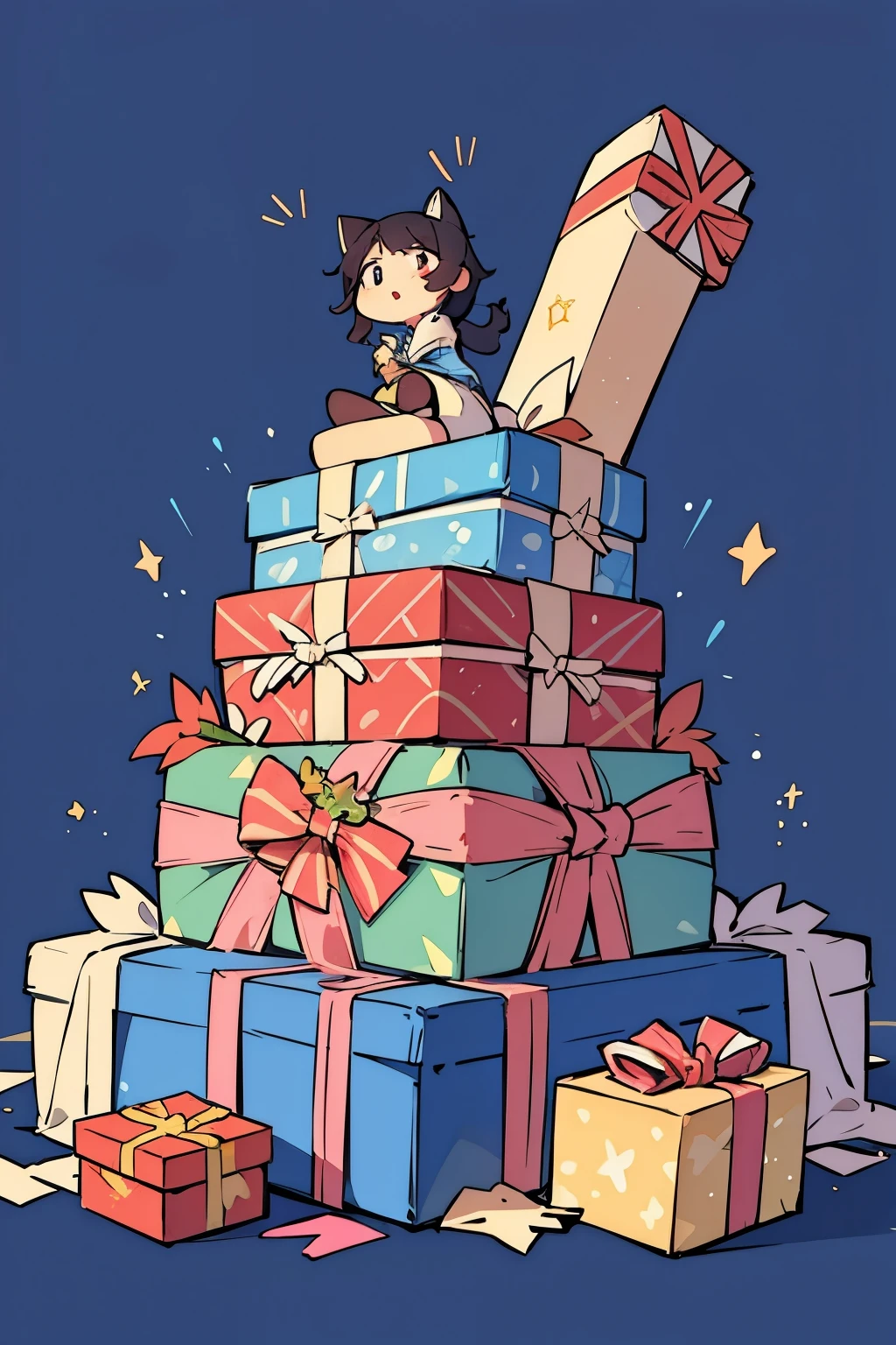 There are lots of presents piled up,colorful,Indigo background