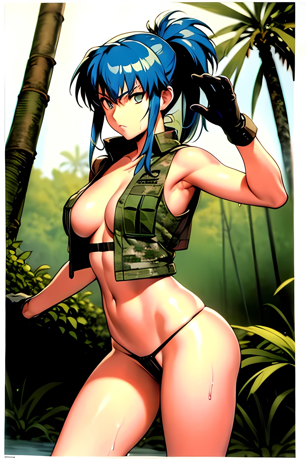 masterpiece, best quality, anime 1990s \(style\, leona heidern, sexy, naked, thong ,open vest., jungle, tactical, pony tail, serious, cammo, army, soldier, blue hair, warfare, war, wet, gloves, sexy pose, jungle girl 