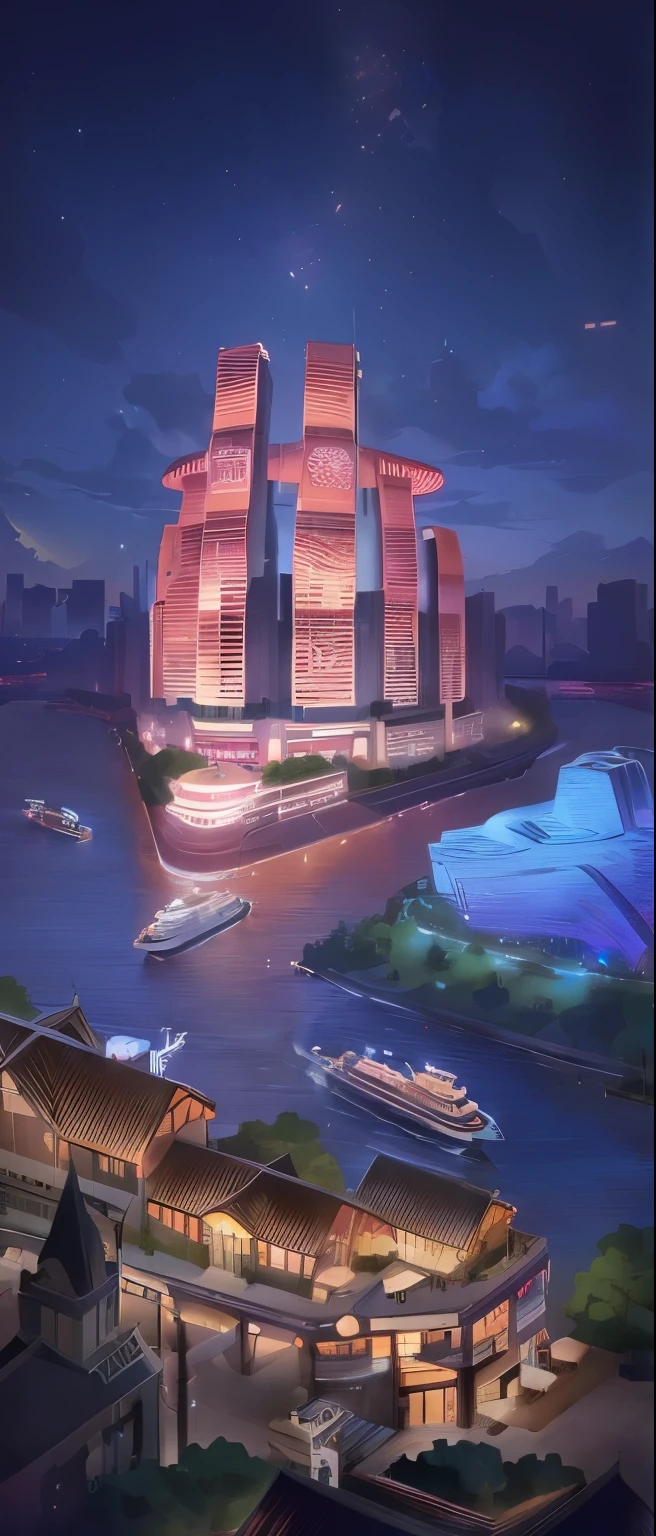 Anime style city illustration,There is a boat in the water, Art Deco Beyond Anime Aesthetics, Entertainment Area, anime scenery concept art, Background artwork, megacity background, New Tokyo Background, concept arts, concept art, concept art, at night, by Ni Yuanlu, Anime style cityscape, concept art style, metaverse concept art, !dream concept art