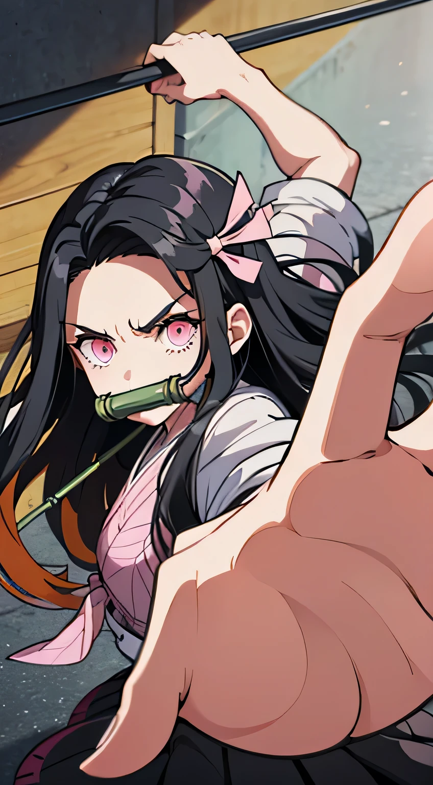 in Japanese room, nezuko kamado, bamboo, bit gag, black hair, forehead, gag, gagged, hair ribbon, long hair, multicolored hair, (pink eyes:1.5), orange hair, slit pupils, wavy hair, two-tone hair,nezuko kamado, bamboo, bit gag, black hair, forehead, gag, gagged, hair ribbon, long hair, multicolored hair, (pink eyes:1.5), orange hair, slit pupils, wavy hair, two-tone hair, ncrsPunchMeme, incoming punch, angry. mad, demon.