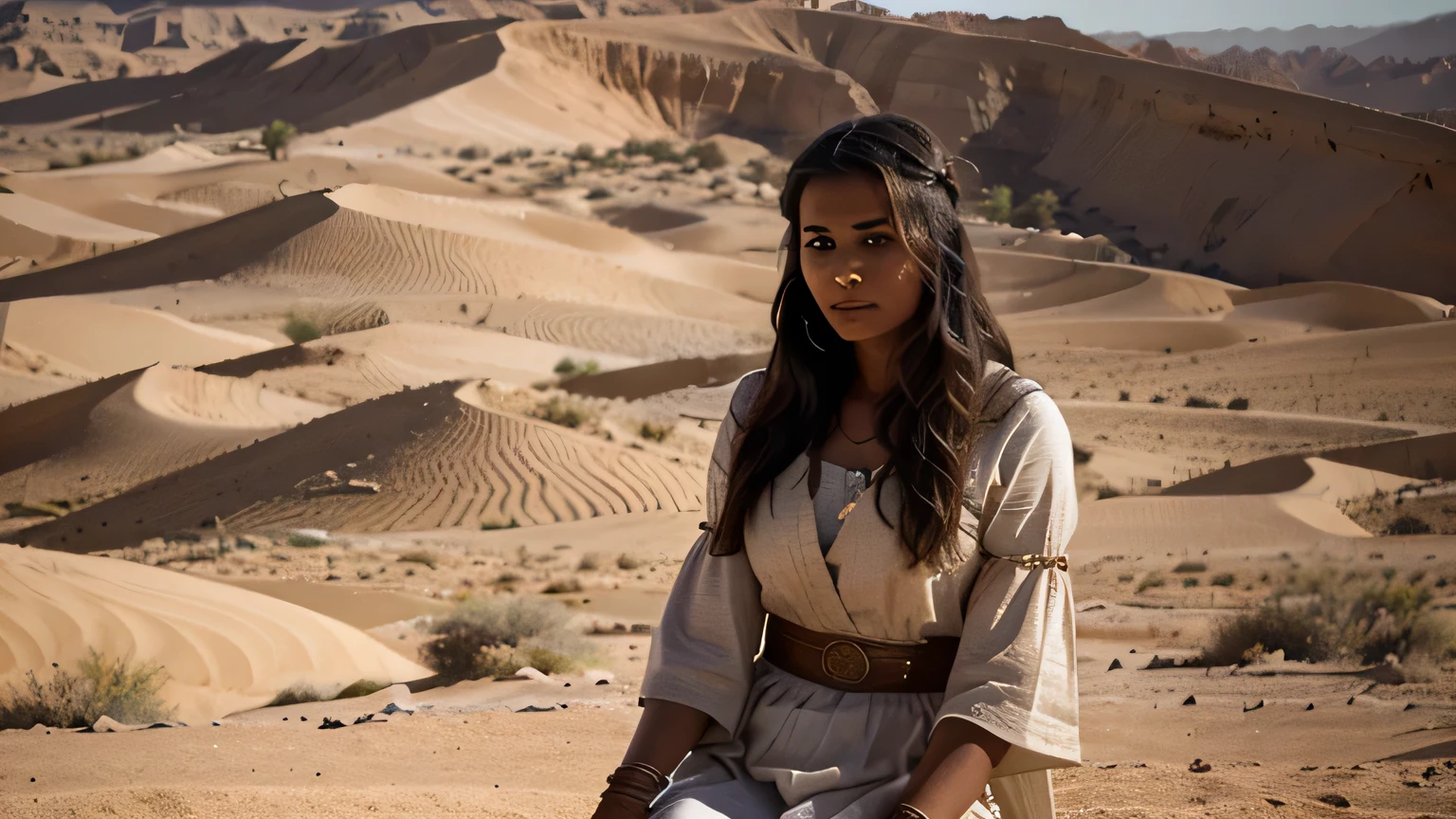 beautiful young woman of about 30 years old from the 19th century to.c from the region of Paddan Aram according to the Bible in a place in the desert dressed in clothing of the time 