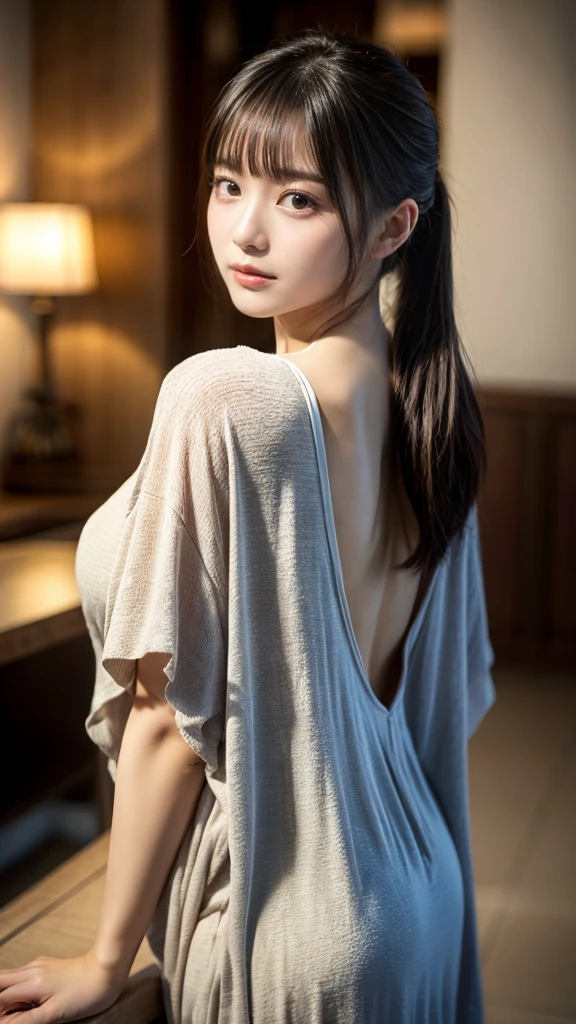 masterpiece, Best Quality, 8K, 20 yo, huge breasts, cuddly, Solo, sad, Cute, Girly, Delicate girl, Neat and clean beauty, Raw photo, Professional Photography, Portrait, Soft light, Professional Lighting, Back lighting, Upper body, front view, Sophisticated, Film grain, (Eyes and faces with detailed:1.0), ponytail, short length floating hair, beautiful flowing hair, bangs, Lounge Kaftan