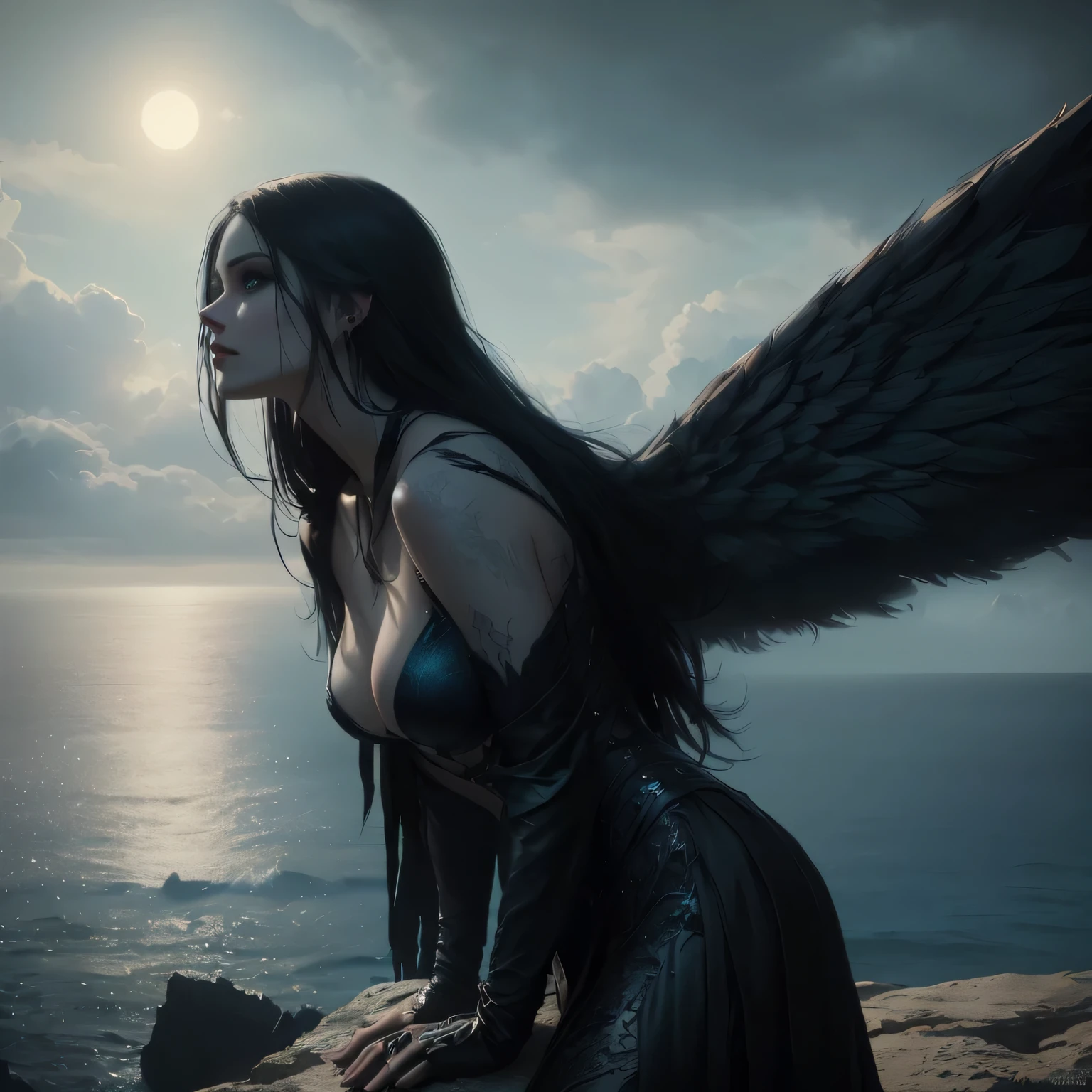 there is a woman with wings on a rock by the ocean, villainess has black angel wings, raven winged female vampire, dark feathered wings, dark fantasy mixed with realism, raven angel wings, in style of dark fantasy art, as a mystical valkyrie, dark angel, artgerm moody photography, elegant cinematic fantasy art, gothic fantasy art, harpy woman, blue eyes