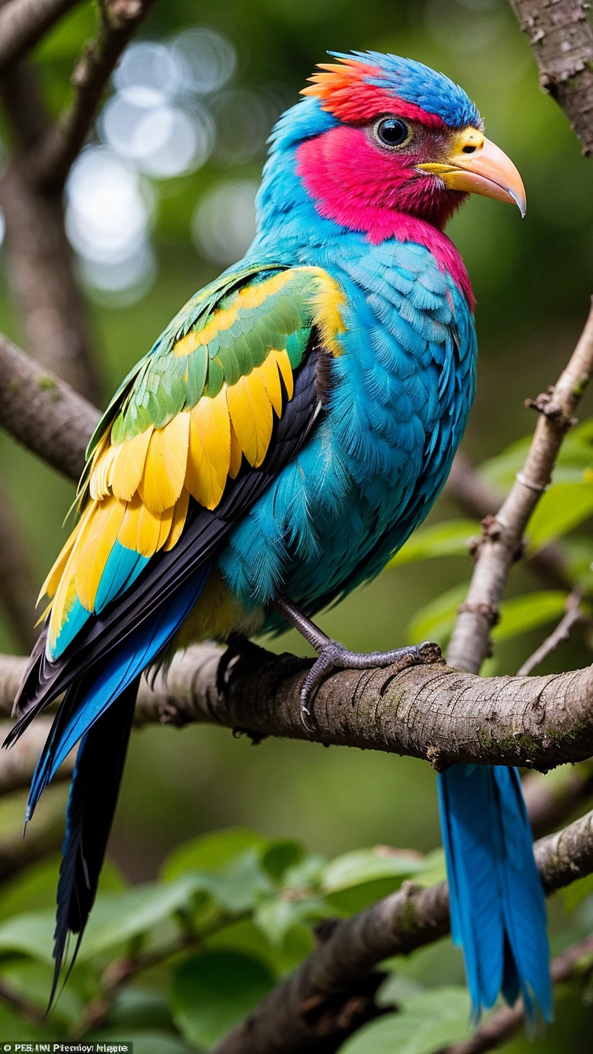 Hyper realistic photograph for colorful image of a bird perched on a branch. The bird should have a vibrant and eye-catching plumage with a mix of bright orange, blue, pink, green, and yellow feathers. Its head should be fluffy with a prominent crest, and it should have a sharp, yellow beak and large, expressive eyes. The background should be slightly blurred to emphasize the bird, with hints of green foliage. The overall feel should be realistic yet fantastical, capturing the beauty and uniqueness of this colorful bird.