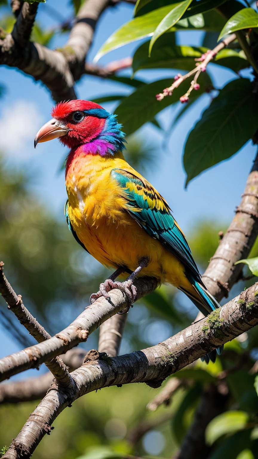 Hyper realistic photograph for colorful image of a bird perched on a branch. The bird should have a vibrant and eye-catching plumage with a mix of bright orange, blue, pink, green, and yellow feathers. Its head should be fluffy with a prominent crest, and it should have a sharp, yellow beak and large, expressive eyes. The background should be slightly blurred to emphasize the bird, with hints of green foliage. The overall feel should be realistic yet fantastical, capturing the beauty and uniqueness of this colorful bird.