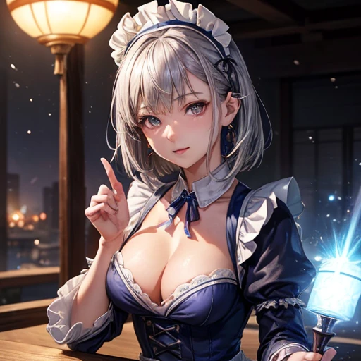 ((16 Nights Sakiya)), ((Oriental Project)), Cosplay, 20-year-old woman, (((Gray Hair)), ((Medium Spiky Hair)), ((Blue maid outfit)), ((White blouse)), Center of chest, (Light)))), (Pause))), (Photorealistic photography: 1.3), rim Lighting, (Skin with attention to detail:1.2), 8k UHD, Digital SLR, high quality, High resolution, 4K, 8k, Bokeh, Disorganized, The optimal ratio is four fingers to one thumb, (Genuine:1.3), The cutest girl 1, Lots of knives